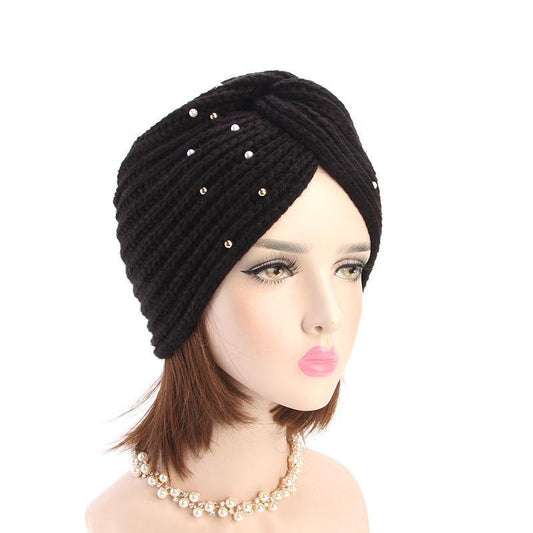 Stickad turban med pärlor perfekt på vinter höst flera färger