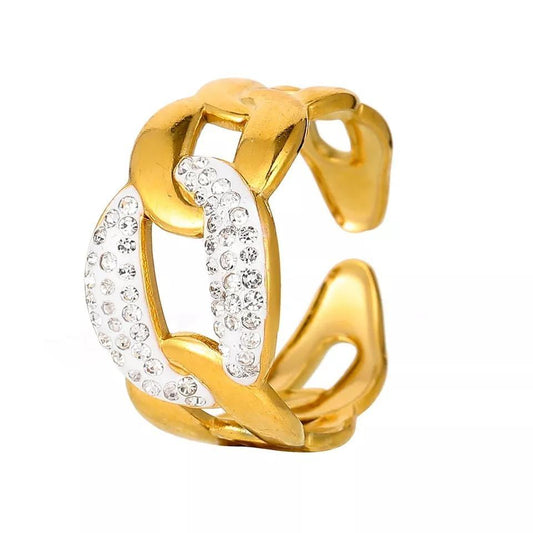 Stor ring med strass och kedja lyxig hiphop stil rostfritt stål
