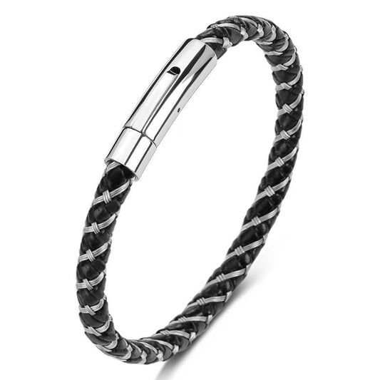 Svart armband rostfritt stål med inflätat läder samt magnet