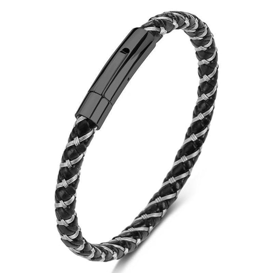 Svart armband rostfritt stål med inflätat läder samt magnet