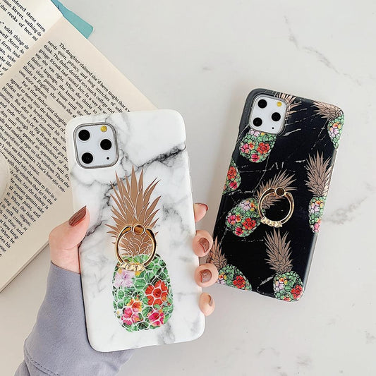 Svart marmorskal iPhone11 Pro Max + ananas + ring