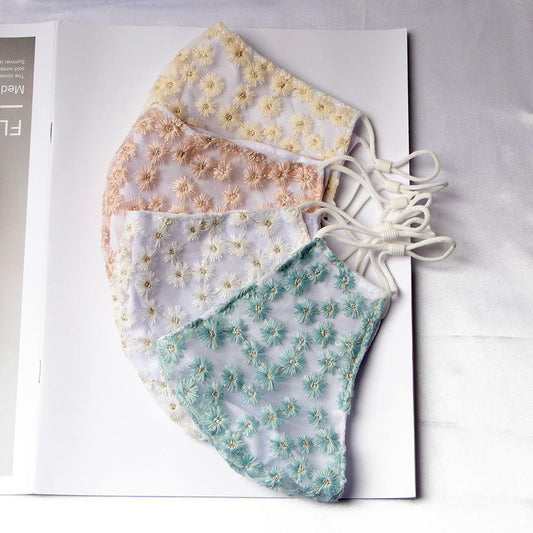 Tvättbar mask Broderade blommor i bomull och mesh munskydd
