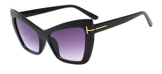 Unique black sunglasses with purple lenses and gold details