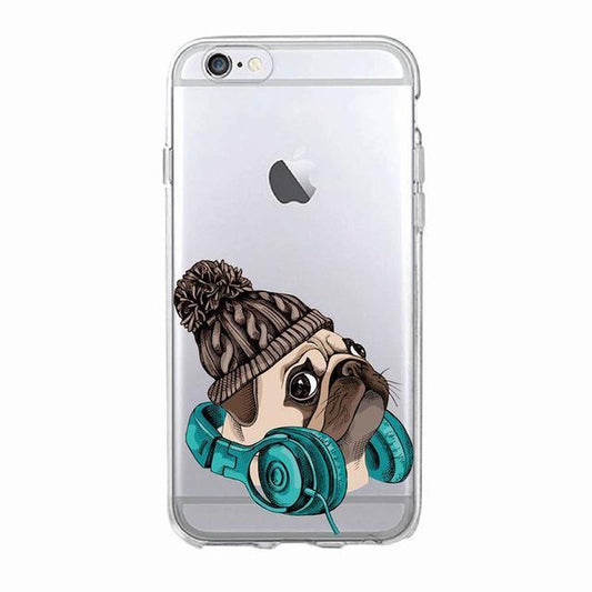 iPhone 12, 12 Pro & Max transparent skal hund mops mössa hörlurar