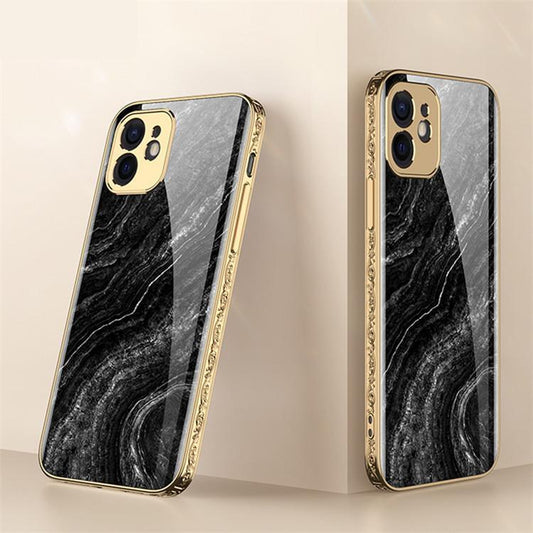 iPhone 12 Lyx glas-skal guld barock elegant svart rosa rokoko