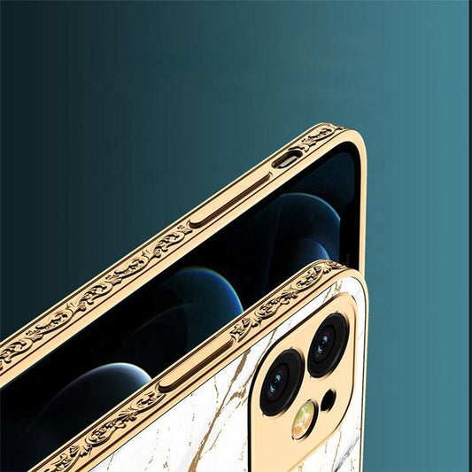 iPhone 12 Pro Max lyxigt glas-skal guld marmormönster svart vit