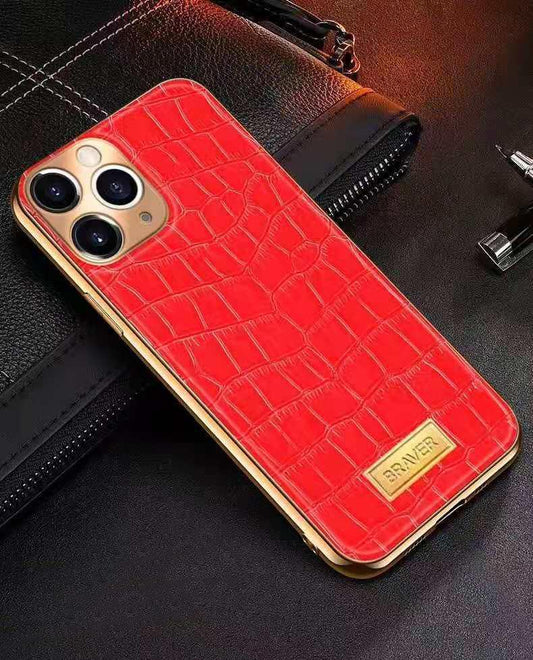 iPhone 12 Pro Skal äkta läder krokodilmönster guldpläterad hög lyx