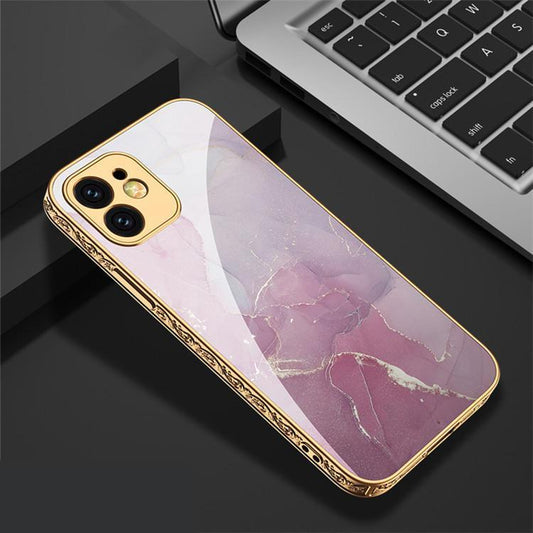 iPhone 12 Pro lyxigt glas-skal guld barock rosa marmormönster