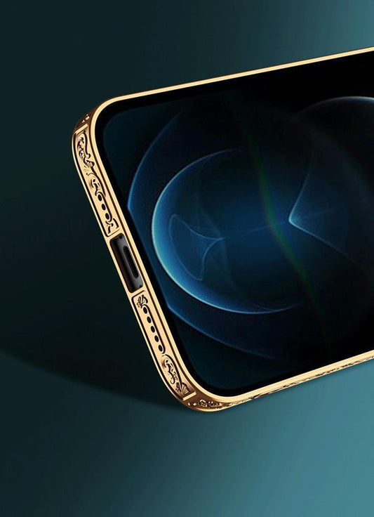 iPhone 12 Pro lyxigt glas-skal guld barock rosa marmormönster