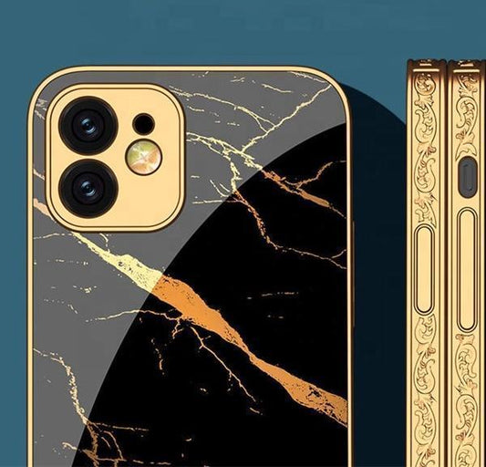 iPhone 12 Pro lyxigt glas-skal guld marmormönster svart vit