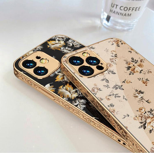 iPhone 12 Pro lyxigt glas-skal mönster guld barock fjäder blomma