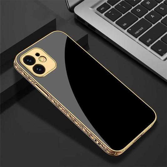 iPhone 12 lyxigt glas-skal guld &amp; silver barock elegant svart