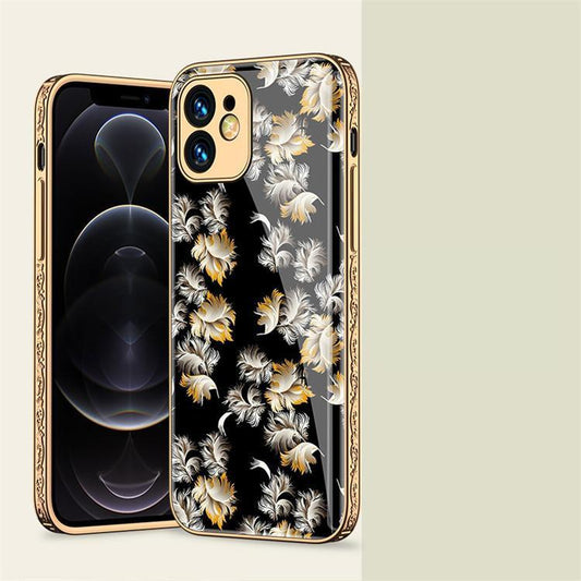 iPhone 12 lyxigt glas-skal mönster guld barock fjäder blomma