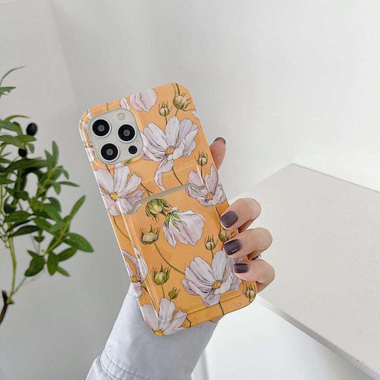 iPhone 13, Pro & Max plånbok korthållare gul vita blommor tusenstjärna