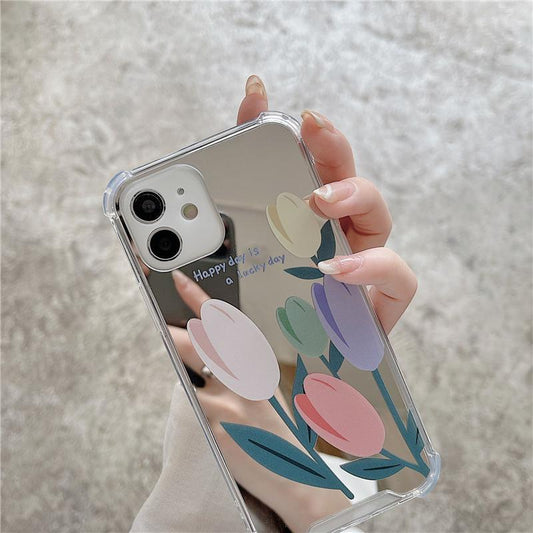 iPhone 13, Pro & Max spegelglas med vackra blommor tulpaner