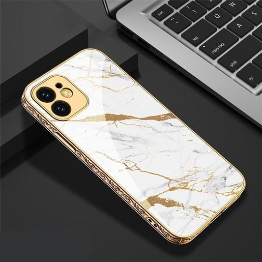 iPhone 13 Pro lyxigt glas-skal guld marmormönster svart vit