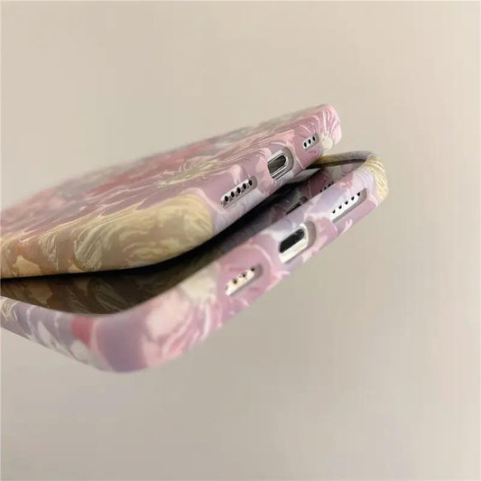 iPhone 14 Mobile Case Retro Flower Painting in Pink - Stylish Design for Elegant Protection