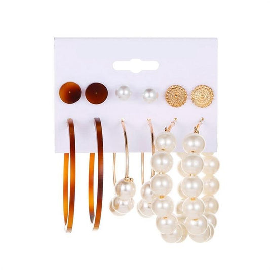 Earrings set of 6 gold-plated pearl gold hoops oriental