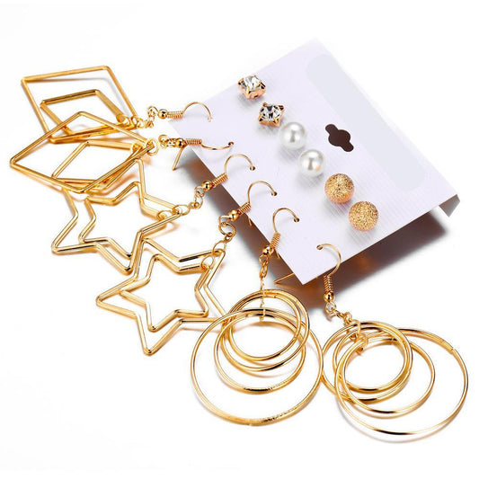 Örhängen set á 6 stk guldpläterade stjärna hoops romb diamant