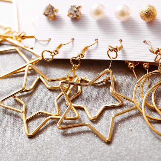 Örhängen set á 6 stk guldpläterade stjärna hoops romb diamant