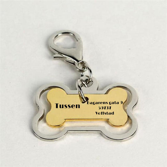Name tag bone dog bone gold silver with hook address name
