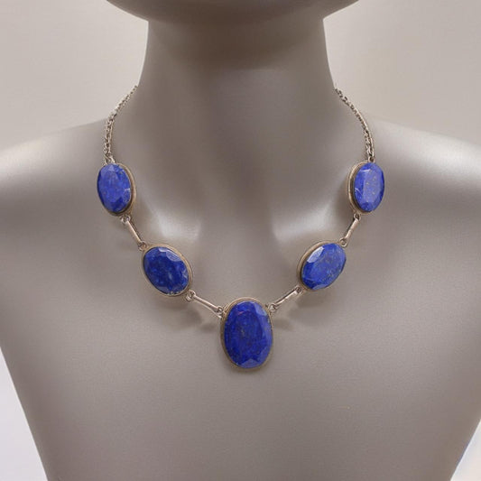 Lapis Lazuli Jewelry Set in 925 Silver: Necklace (Adjustable 47 cm) and Bracelet (17 cm)