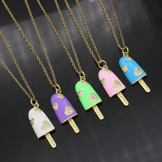 Necklace with popsicle gold strass hearts happy ice cream