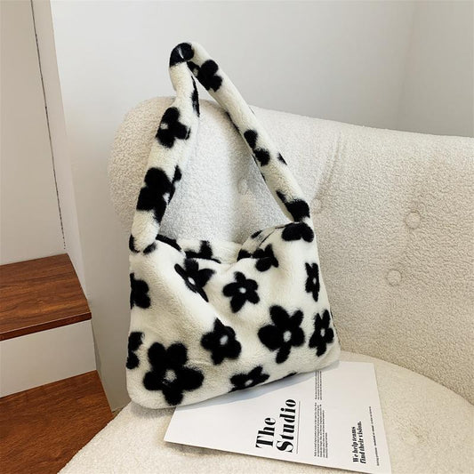 Fluffy bag with shoulder strap faux fur black white flowers tote