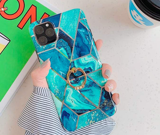 Mobile cover for iPhone 11 with different marble patterns + ring holder - Blue