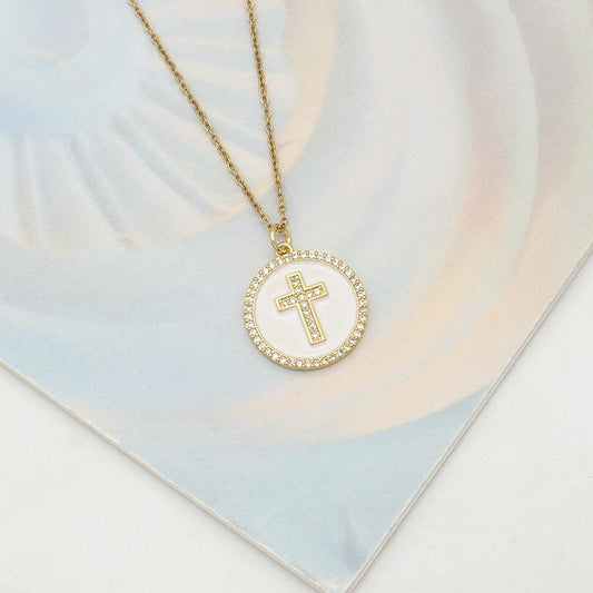 Necklace with white circle with cross in rhinestones and enamel