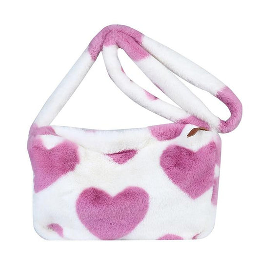 Fluffy bag with shoulder strap faux fur hearts roomy with zipper