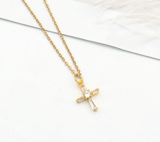 Necklace with beautiful symmetrical cross in gold and rhinestone long chain