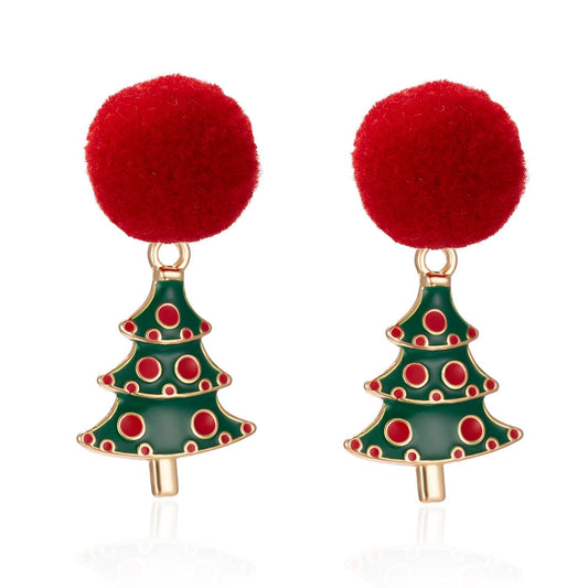 Earrings with pom poms Christmas tree with red balls gold plated