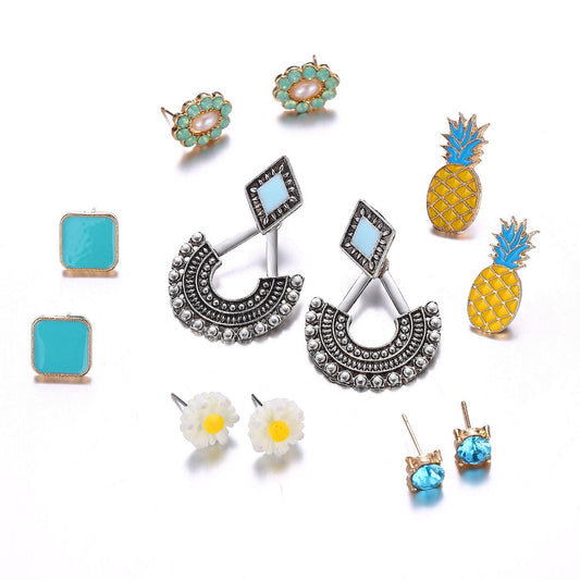 Earrings set of 6 gold-plated pineapple oriental turquoise