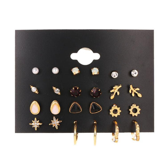 Earrings set of 12 gold-plated pearls rhinestone hoops