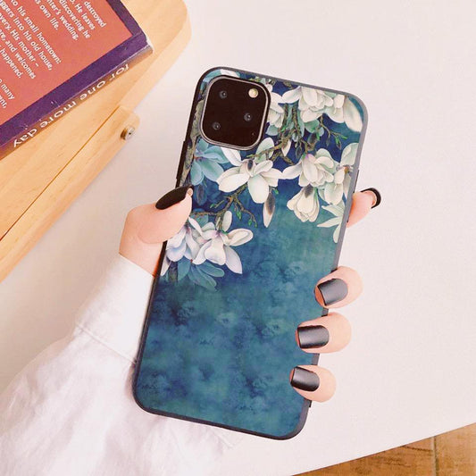 iPhone 12 Pro Max case blue white beautiful flowers silicone