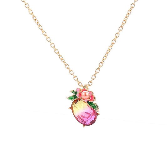 Necklace with oval stone with flower and leaf with pearl