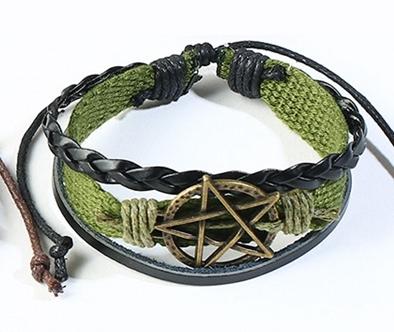 Handmade bracelet green pentagram for men in fabric and leather