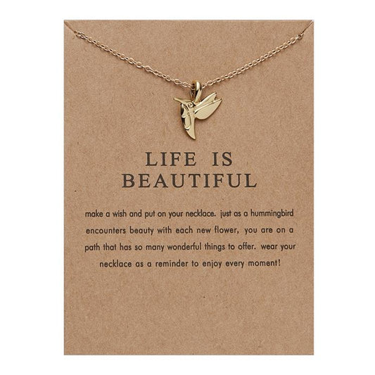 Life is beautiful necklace with bird 18K gold plated gift hummingbird Christmas present