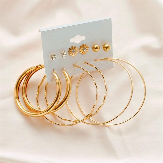 Earrings set of 6 gold-plated rings hoops diamond flower