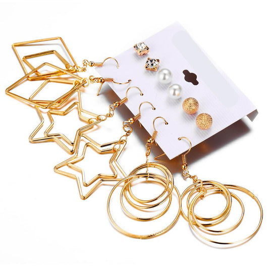 Earrings set of 6 gold-plated star hoops rhombus diamond