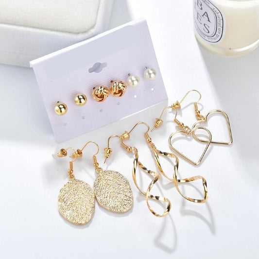 Earrings set of 6 gold-plated heart screws leaves gold