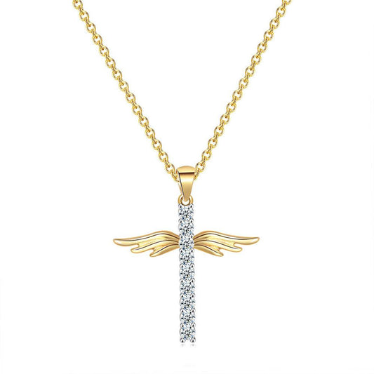 Cross with angel wings in gold with gold plating and zircon