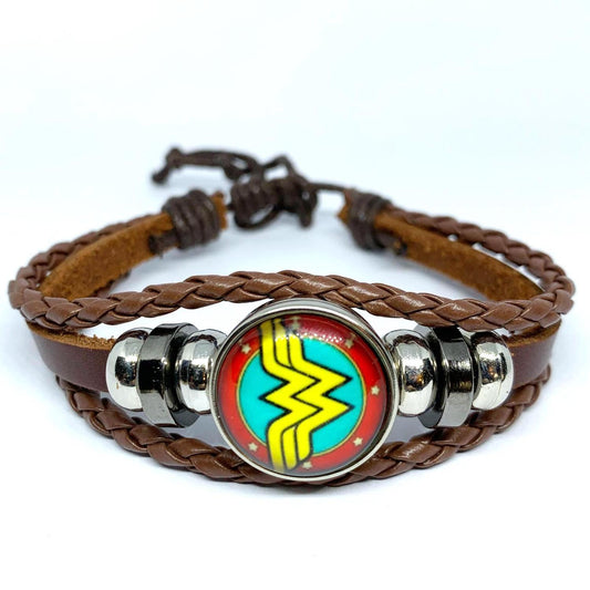 Handmade bracelet brown leather wonder woman symbol