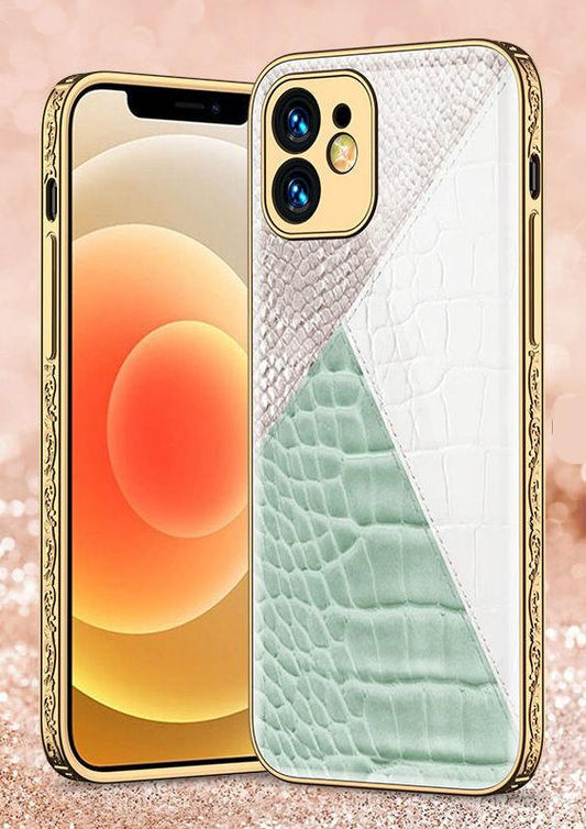 iPhone 12 Pro Max luxury glass shell pattern gold baroque leather blue