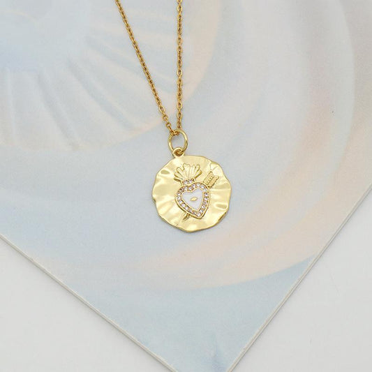 Necklace with arrow through heart handmade gold rhinestone antique style