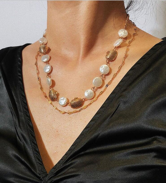 Golden Necklace with Synthetic Pearls and Seashells - Eco Friendly and Adjustable