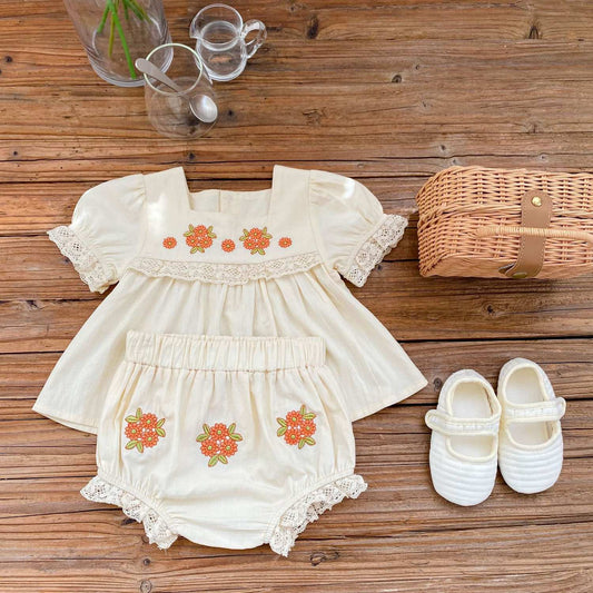 Embroidered set with lace dress + shorts for children 0-12 months