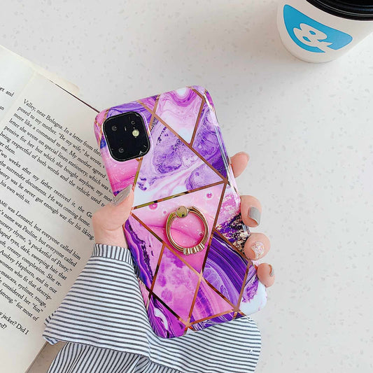 Mobile cover for iPhone 11 with various marble patterns + ring holder - Pink