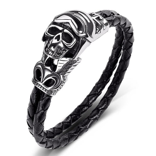 Handmade braided bracelet genuine leather with skull motorcycle helmet